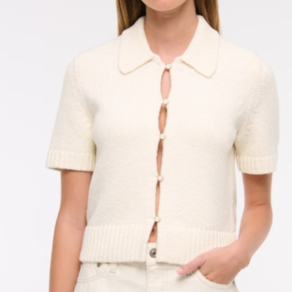 Abercrombie & Fitch Women's Cream Short-Sleeve Collared Cardigan Small NEW